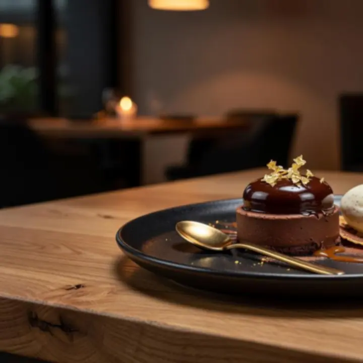 Gourmet desszert közelről elegáns tálalásban